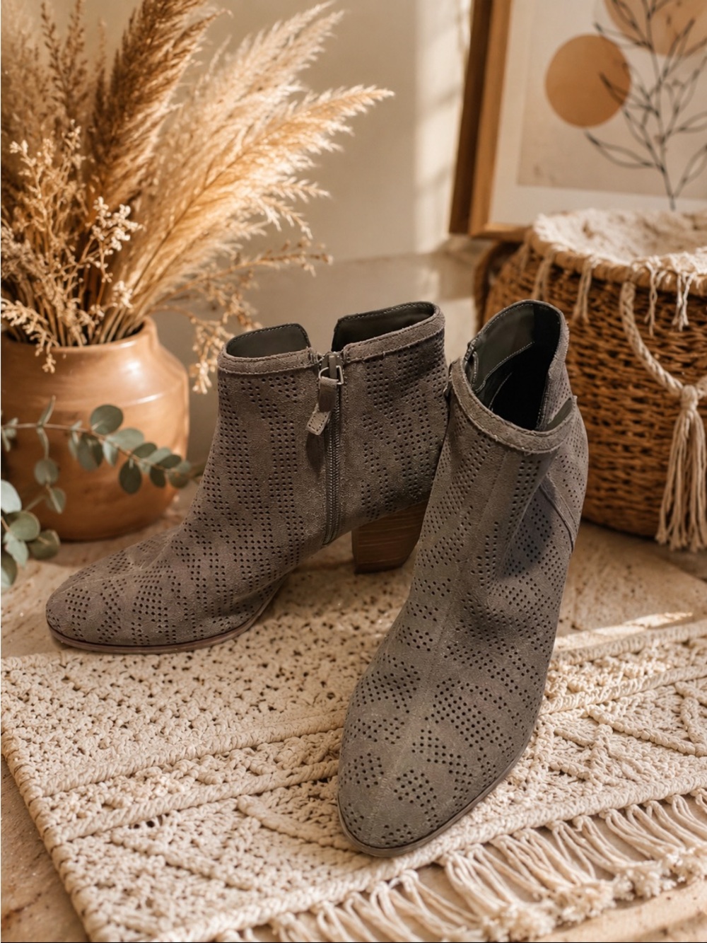 Jensen Taupe Perforated Suede Ankle Booties